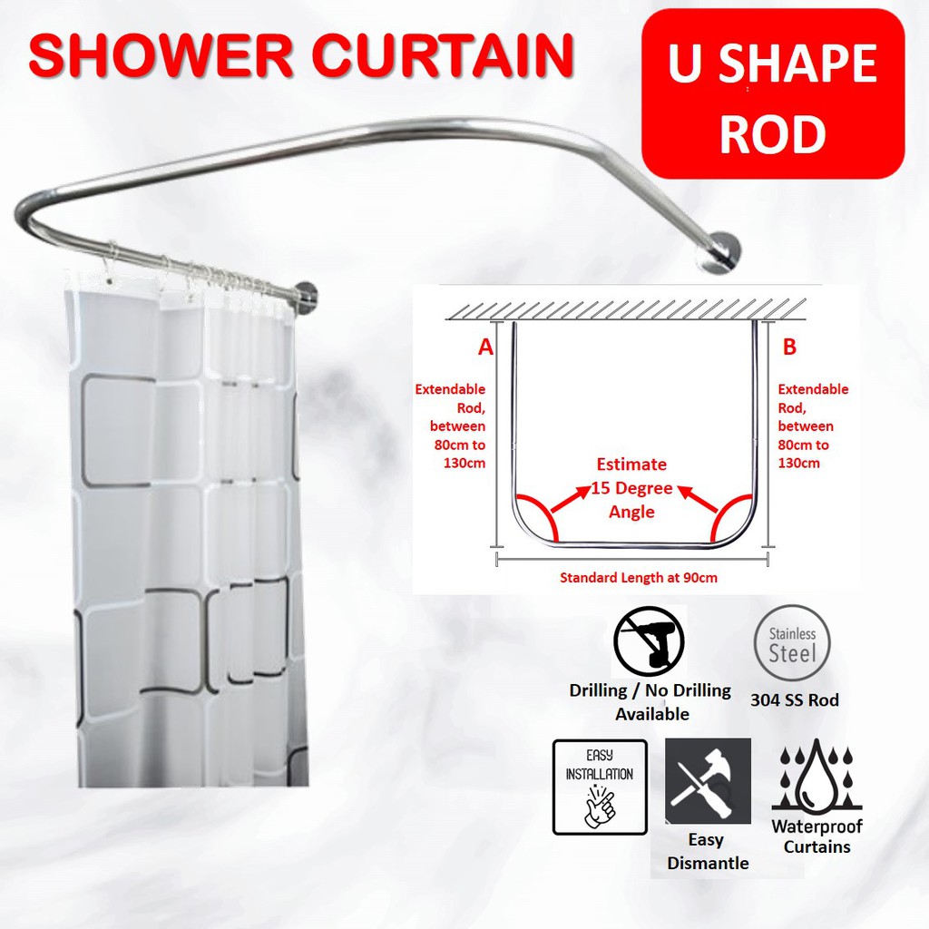 Local Stock] U Shape Shower Curtain Rod & Curtain | Drilling & Non Drilling  | Waterproof | Toilet Shower Screen | Shopee Singapore