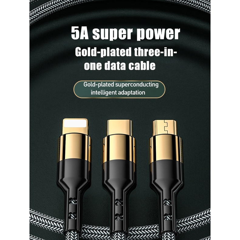 Mione 5A Golden Plating 3 in 1 Fast Charger Cable 2M  USB Type C ables Super Charge VOOC Quick Charge Data Cable