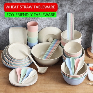 Wheat straw, eco-friendly tableware, bowls and plates, chopsticks and spoon sets, household dinner bowls, creative Japanese-style tableware combinations, fall resistance, heat insulation, plates and utensils