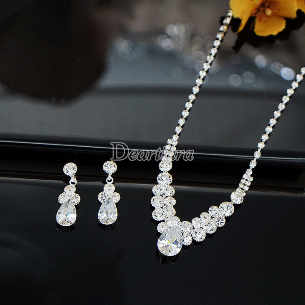 Image of Fashion Bright Full Diamond Zircon Water Drop Necklace Earrings Set Bridal Wedding Jewelry #3