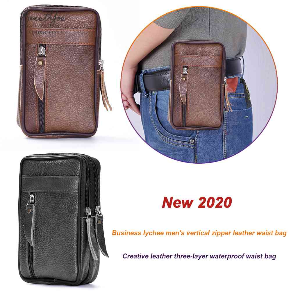 Men Cowhide Leather Waist Bum Pack Casual Small Mobile Phone Zipper Pouch [BeautYou.sg]