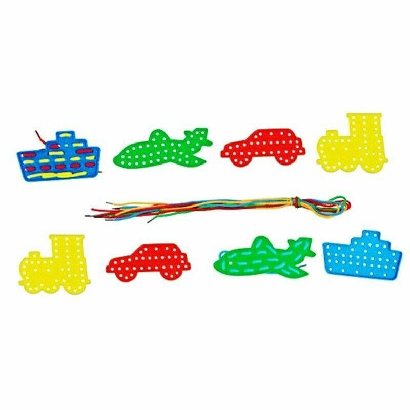 4 TRANSPORT LACING SHAPES COLOURED THREADING LACES FINE MOTOR SKILLS 