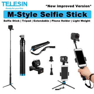 TELESIN Monopod Action Camera Gopro Aluminum Extendable M Style Telescopic  Selfie Stick with Tripod