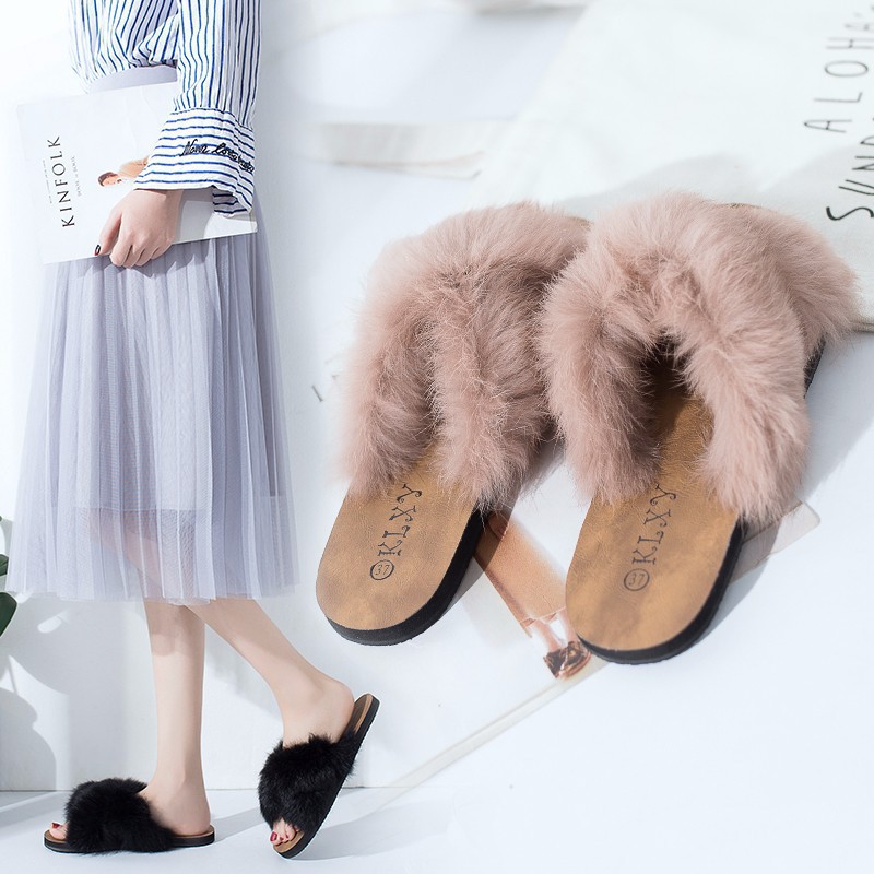 Fur Slides Shoes Woman Zapatos De Mujer Fashion Fluffy Cross Slippers Flat Designer Flip Flops House Shopee Singapore