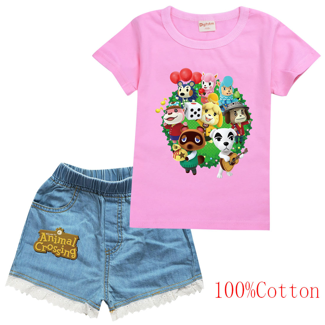 Summer Girls Tops Shorts Kids Clothing Set Girls Short Sleeved Cotton T Shirts Denim Shorts Animal Crossing Printed Cute Cartoon Teenagers Children Suit Set Tops And Shorts Z1078 Shopee Singapore