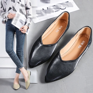 Hengshikeji_Women Shoes Leather Single Shoes Pointed Toe Loafers Low Heel Basic Comfortable Solid Flats Shoes 
