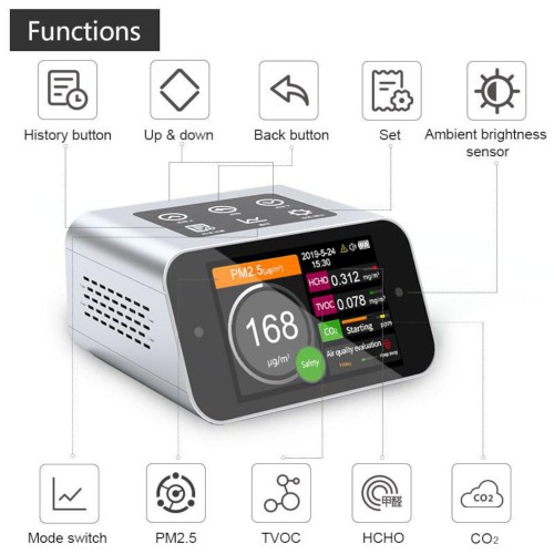 BRAMC BR-A18 6-in-1 Desktop Air Quality Monitor PM1.0 PM2.5 PM10 Formaldehyde CO2 TVOC