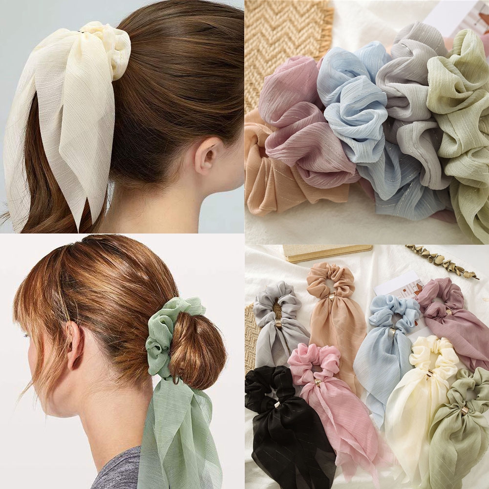 Double Layer Bow Chiffon Long Ribbon Scrunchies Hair Scarf Rubber