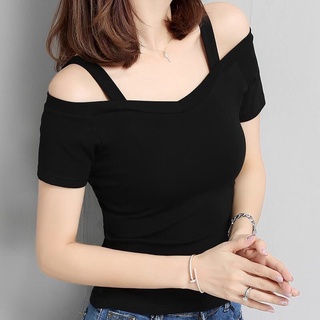 Tops T-shirt Korean style V-neck off shoulder strap short sleeve sexy top