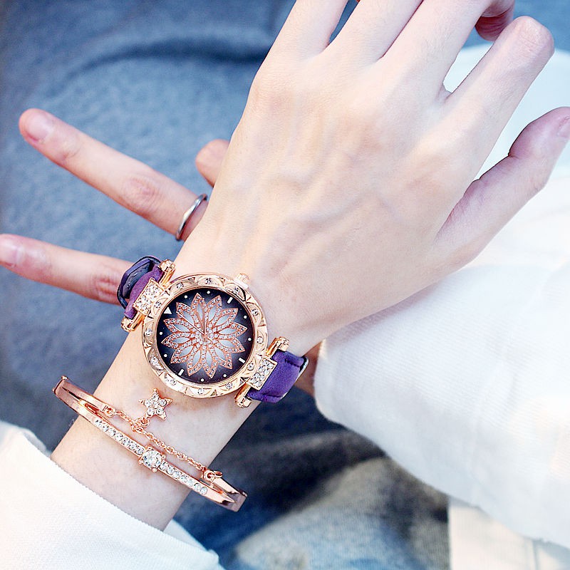 Women Watches Bracelet Set Starry Sky Ladies Bracelet Watch Casual Leather Quartz Wristwatch Clock