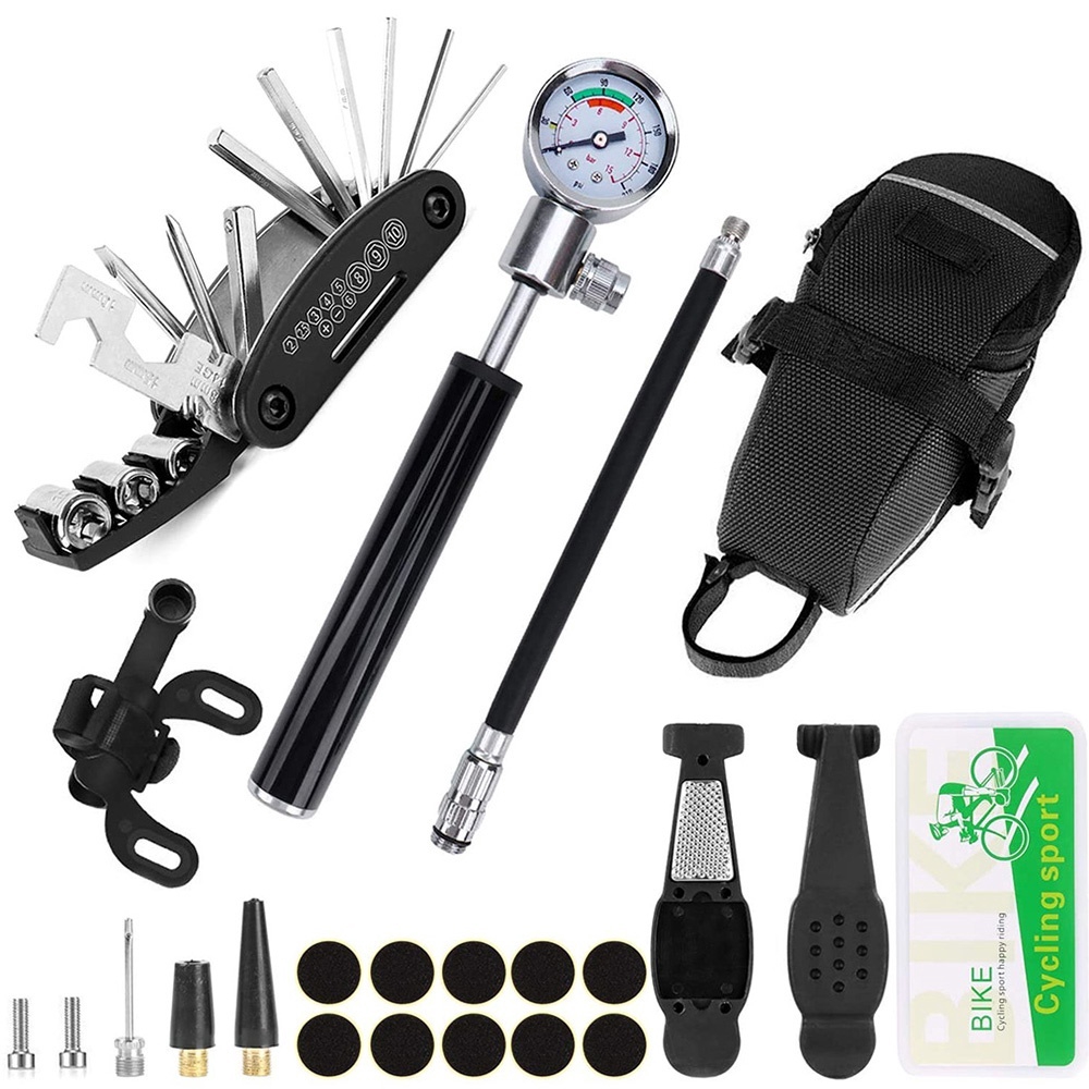 Bike Repair Kits with Pressure Gauge Pump, Mini Bicycle Pump 120 PSI