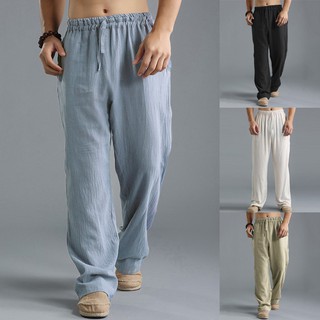 Image of Retro Men Casual Loose Yoga Chinese Style Long Beach Slack Solid Trousers Pant