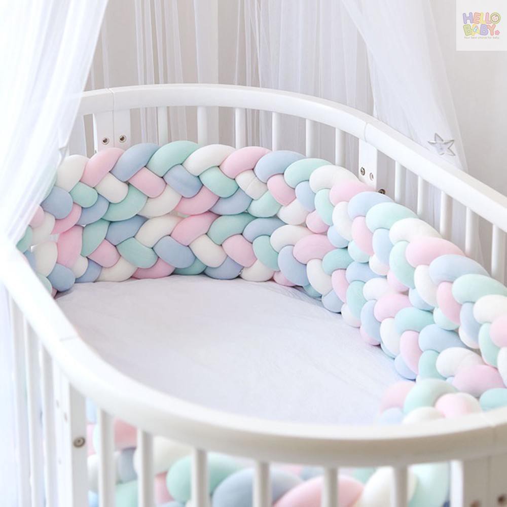 Baby Crib Bumper Knotted Braided Bumper Handmade Soft Knot Pillow Nursery Cradle Decor Newborn Gift Crib Protector 4 Strands with Gray-White, 118 inc 