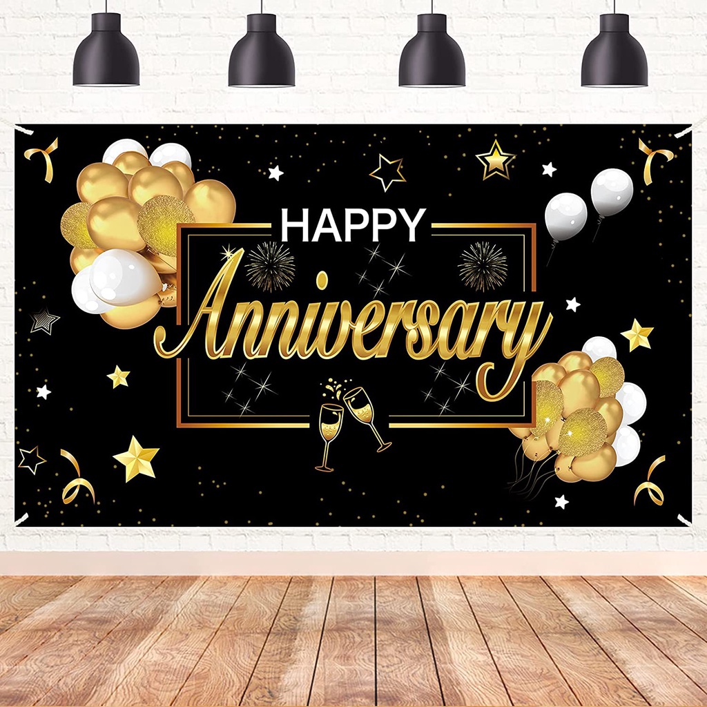 Happy Anniversary Banner Backdrop Anniversary Party Supplies Black Gold