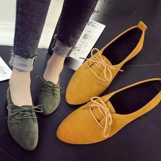 Image of Women's Lace-up Flat Shoes Ladies Vintage Suede Pointed Shoes