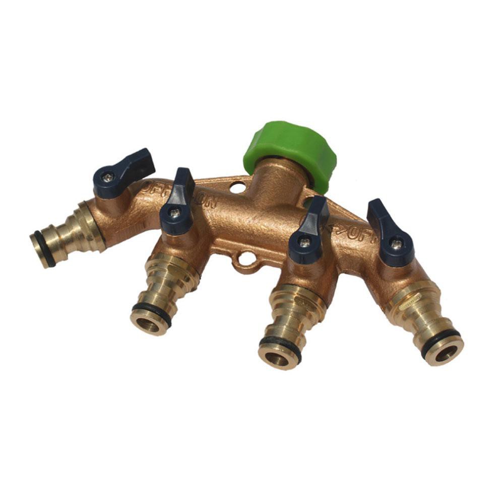 Heavy Duty Brass 4 Way Full Flow Hose Manifold Garden Hose