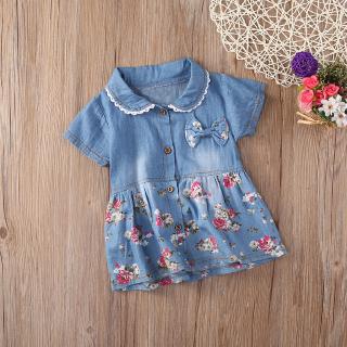 ℛCute Baby Kids Girls Denim Floral Short Sleeve Dress Bowknot Sundress Skirt #4