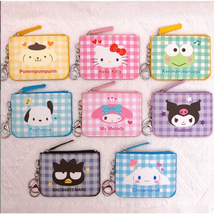 Image of Japanese Sanrio Family Lattice PU Zipper Coin Purse cinnamoroll Change Storage Bag Cute Student Card Holder Work Id Melody Small Wallet Portable Stationery Gift #0
