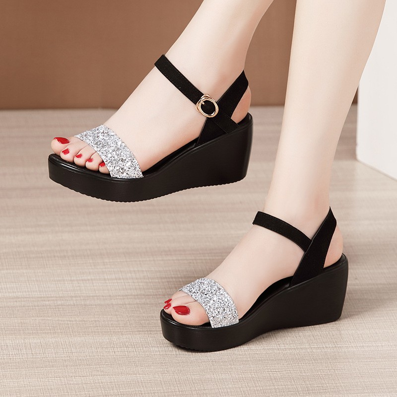 Size 32 33 34 41 42 43 Women Sandals Wedge Midi Heel Female Summer New Muffin Thick Platform Waterproof Buckle Big Size Lady Shoe Golds Silver Black Shopee Singapore