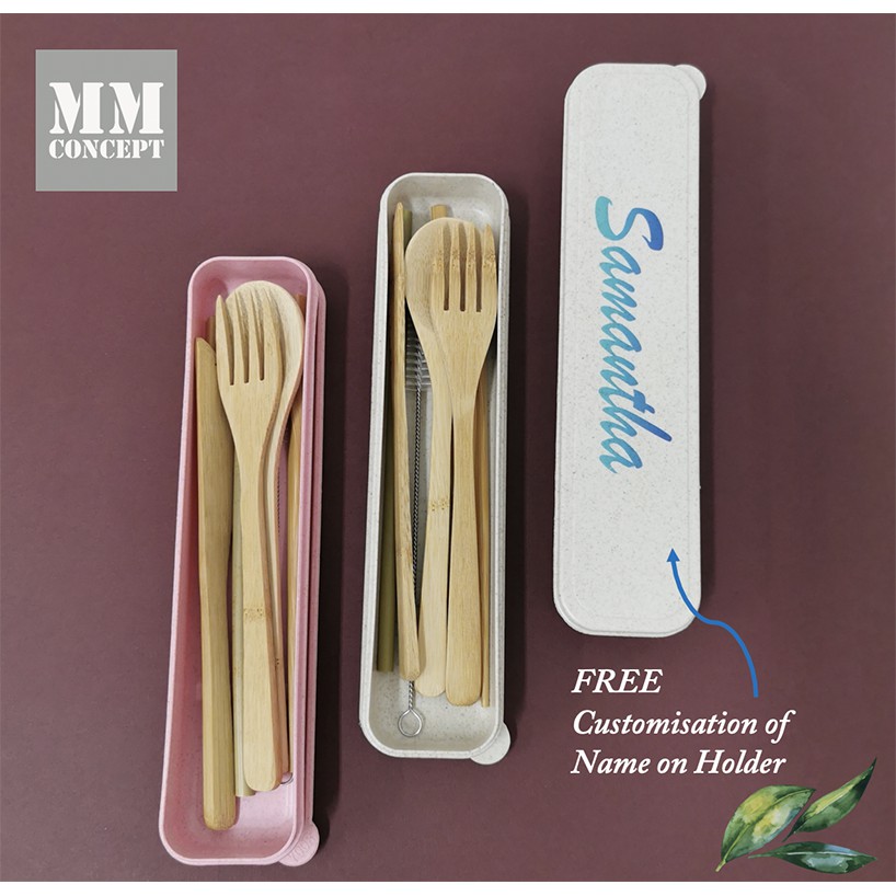 [SG Seller] Portable Bamboo Cutlery Set in Wheat Straw Holder Shopee Singapore