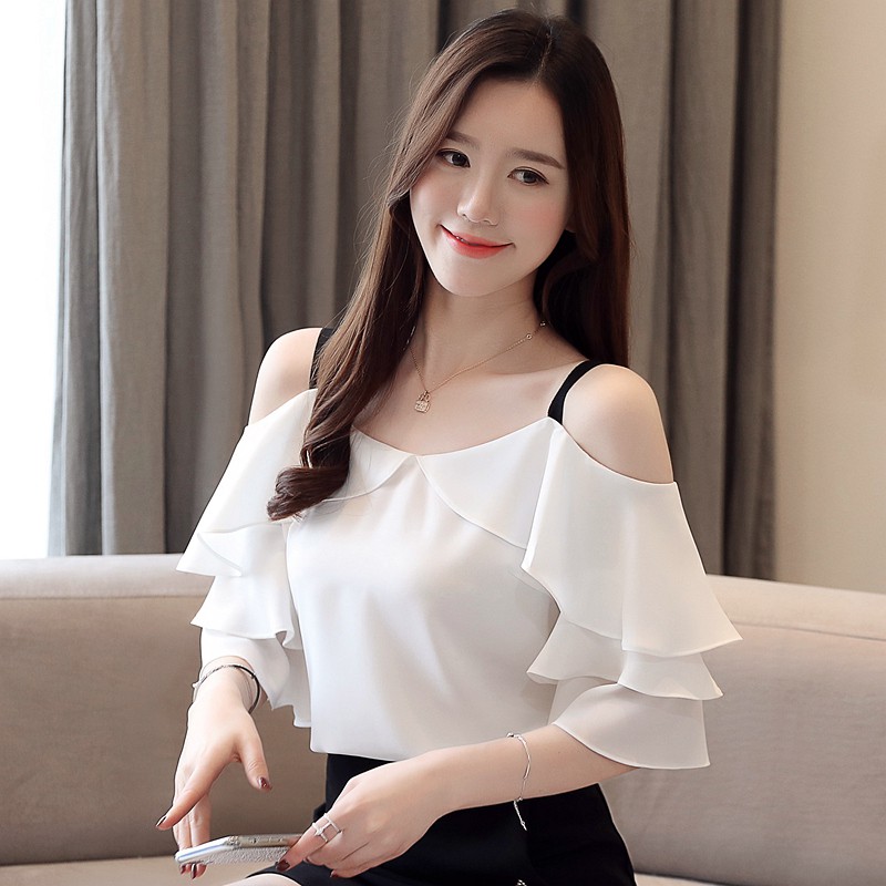 white ruffle shoulder top