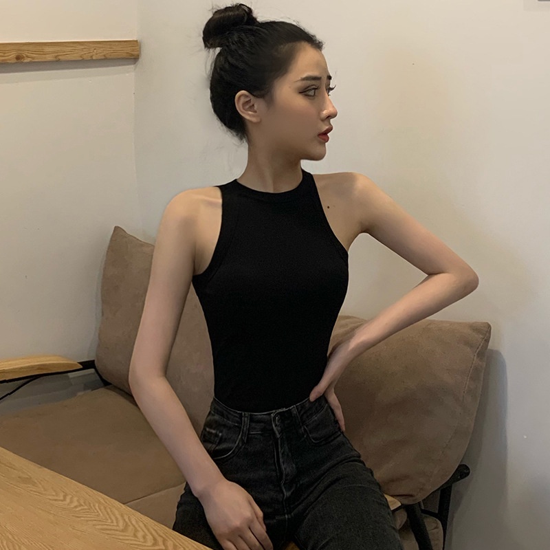 Image of Black Outer Wear Small Halter Camisole Women Summer Inner Round Neck Yoga Sleeveless t-Shirt Tight Hot Girl Bottoming Shirt #3