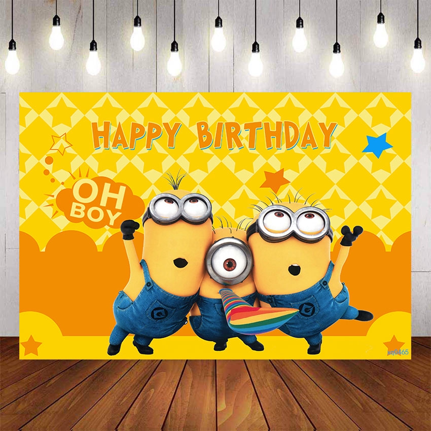 Minions Backdrops Cartoon Children Birthday Party Photography Yellow Stars  Backgrounds Photocall Custom Text Name | Shopee Singapore