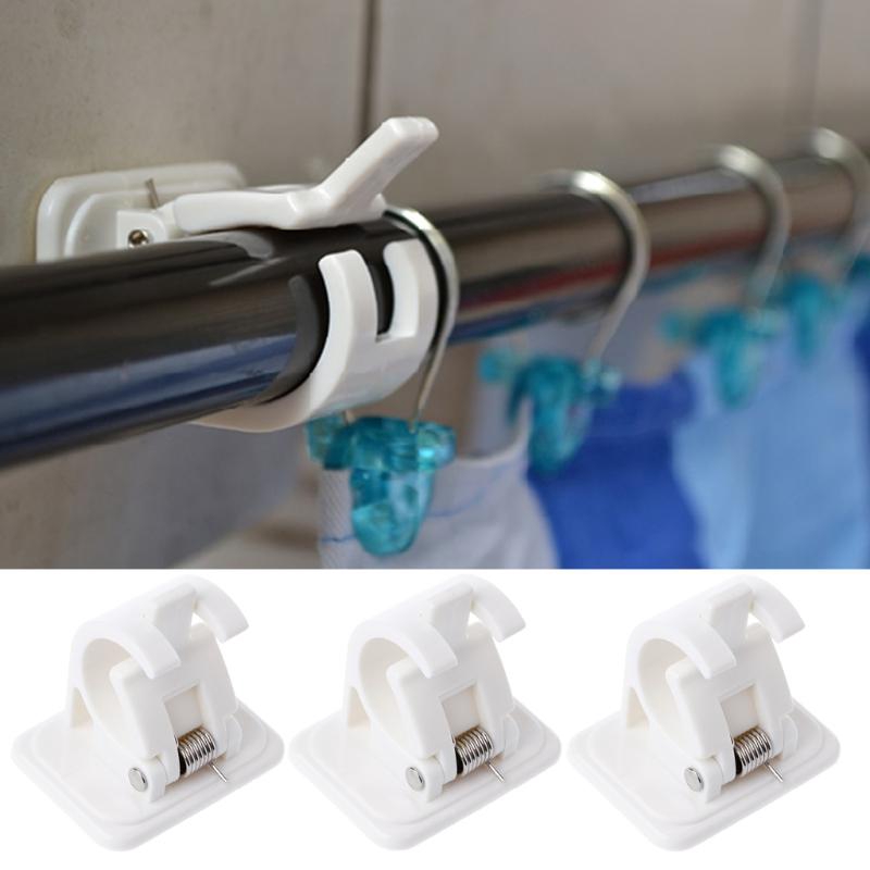 2pcs White Adhesive Wall Curtain Hanging Rod Clamp Hooks Shower Curtain ...