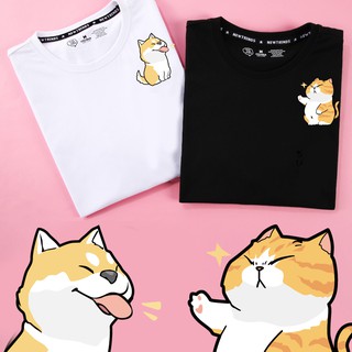 Image of Cartoon Dog and Cat Printed Short Sleeve Cotton Couple T-Shirt