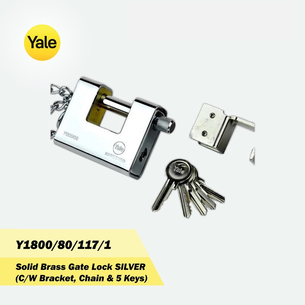Yale Y1800/80/117/1 Solid Brass Gate Lock (C/W Bracket, Chain & 5 Keys
