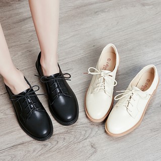 Image of Vintage leather shoes casual Women's shoes Thick heels platform Lace-up leather shoes Solid color Simple collegeLoafers