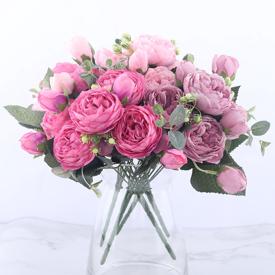 30cm Rose Pink Silk Peony Artificial Flowers Bouquet 5 Big Head And 4 Bud Cheap Fake Flowers For Home Wedding Decoration Shopee Singapore