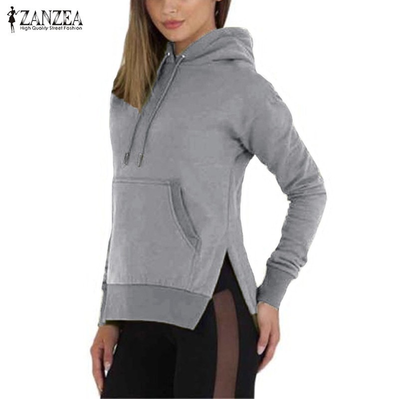 Uk 8 24 Zanzea Women Casual Hooded Slit Tops Pullover Hoodie