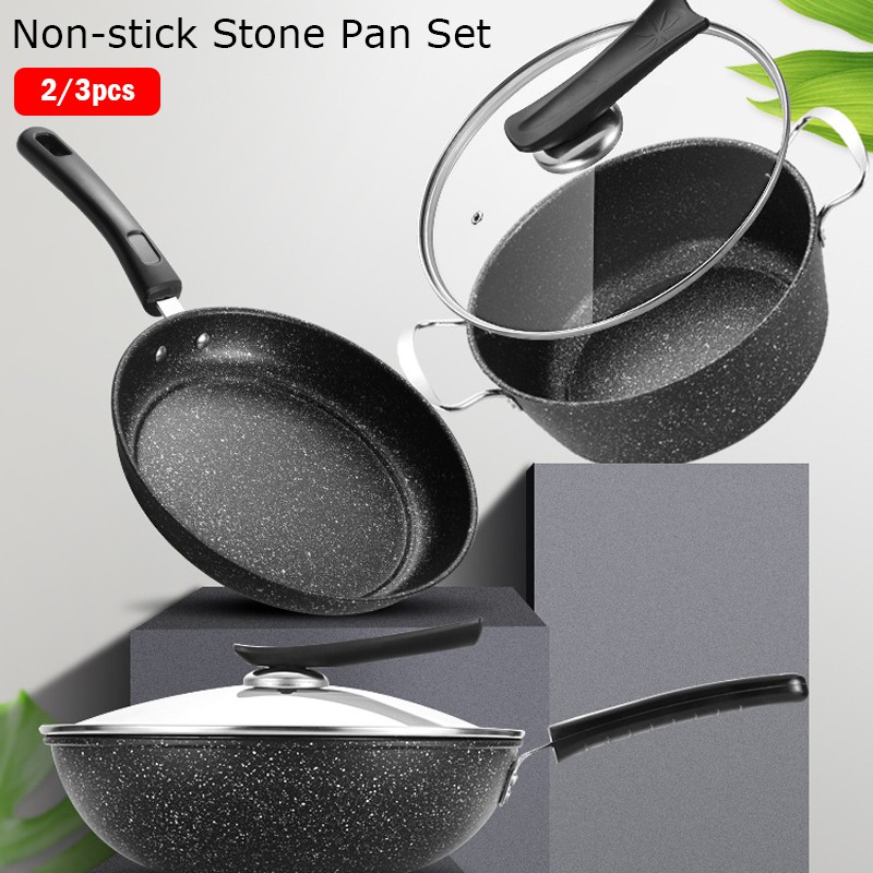 Qy Home 3pcs Mainfan Stone Coating Pans And Woks Set Non Stick Frying Pan Fry Pans Wokpan Cooking Pot Woks With Lid Kitchen Cookware Shopee Singapore