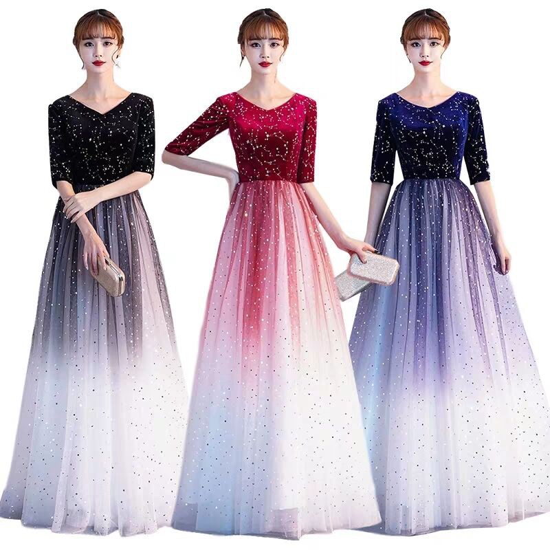 Pre order galaxy black red blue ombre glitter long sleeve evening prom gown  dress RBP1604 | Shopee Singapore