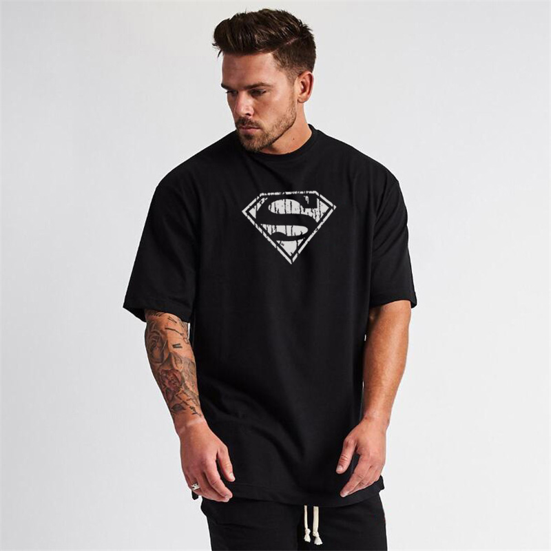 Men Oversized T Shirt Summer Cotton Gym Bodybuilding Fitness Loose