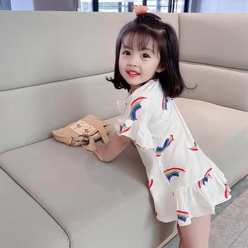 Cute Girls T-shirt Dress Summer Baby Girl Korean Version Rainbow Pattern Dress Children's Mid-length Dress