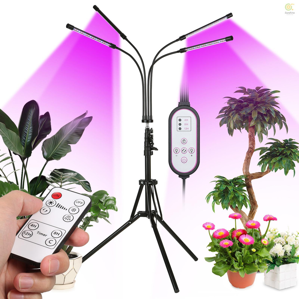 Sunshine Tomshine 4-Heads Plant Grow Lights with Adjustable Tripod Stand  80W 80Leds Full Spectrum Growing Lamp for Indoor Plants Dual Controllers  Dimmable 3 Lighting Modes  10 Brightness Levels 360° Flexible Hose