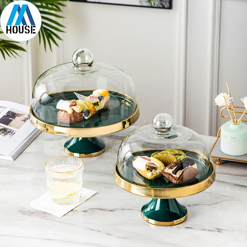Ceramic Cake Stand with Glass Cover Cake Display Tray Fruit Dessert