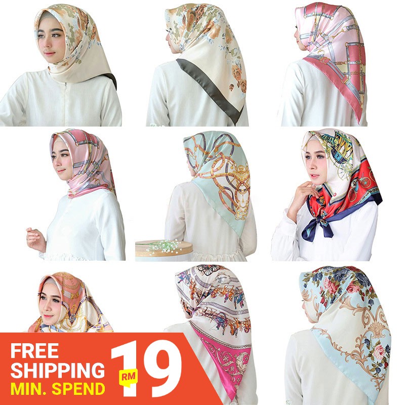 21 40 Tudung Bawal High Quality Printed Satin Hijab Square Scarf Shawl 90cm Wj1001 Shopee