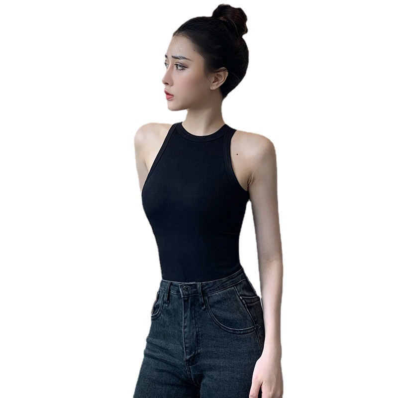 Image of Black Outer Wear Small Halter Camisole Women Summer Inner Round Neck Yoga Sleeveless t-Shirt Tight Hot Girl Bottoming Shirt #4