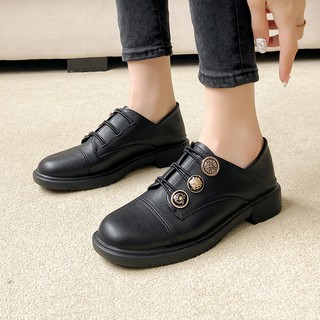 Image of Leather shoes round toe lace up soft leather casual shoes women flat shoes retro British style thick bottom black