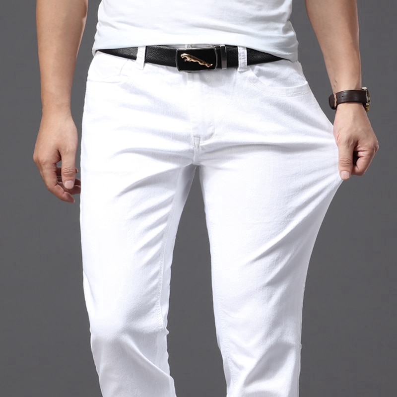 Plus Size 28-40 Men White Jeans Casual Fashion Cotton Elastic Stretch ...