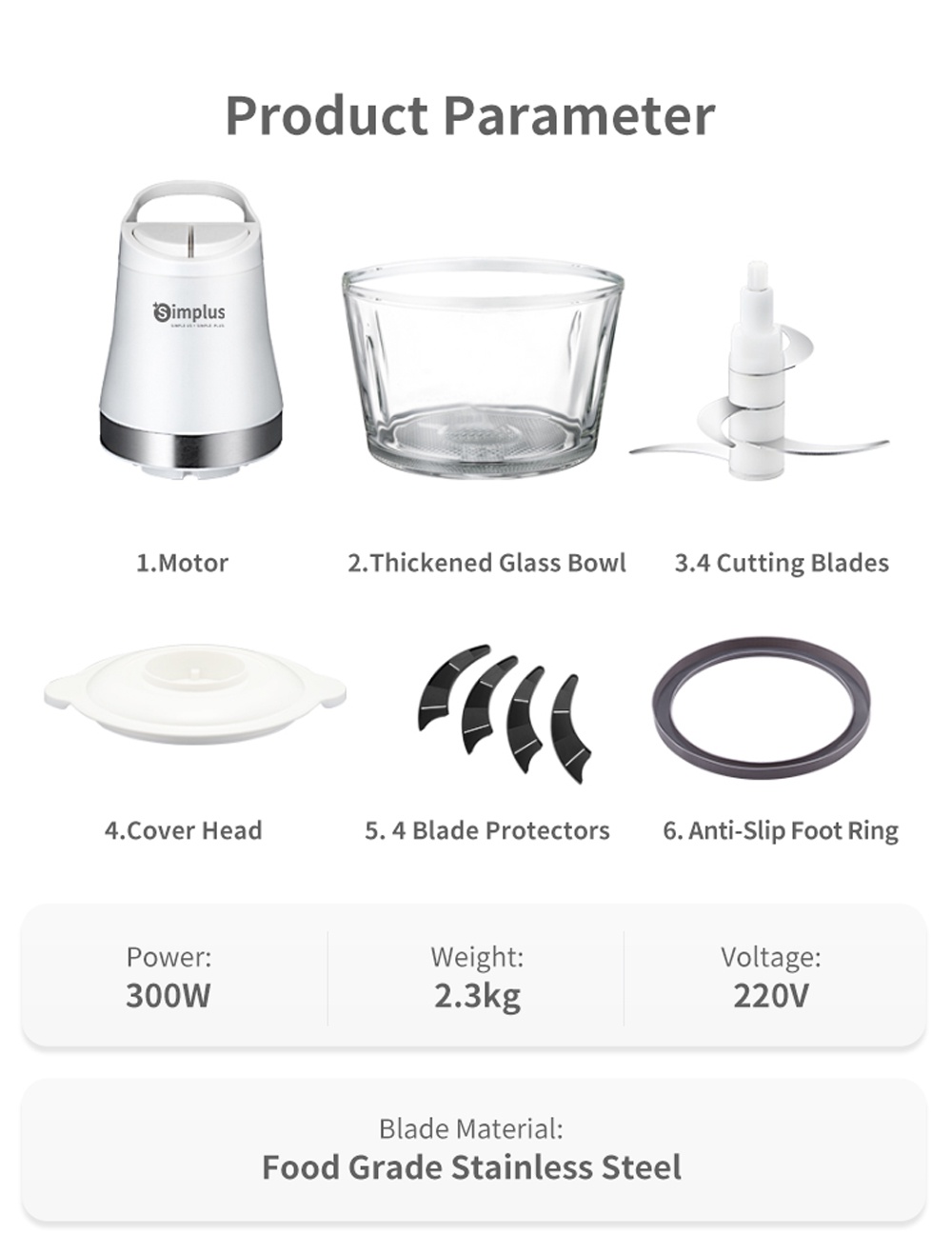 Simplus Meat Grinder 1.8L Glass Bowl Food Chopper Processor Mixer