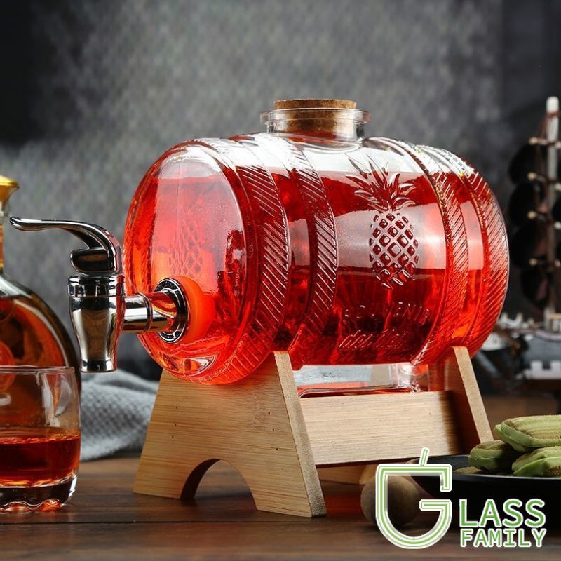 GF Glass Beverage Dispenser with Wooden Stand and Leak Free Spigot