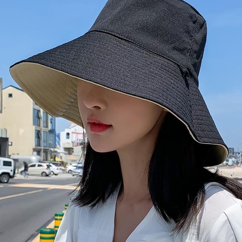 Summer Fashion Women's Big Frame Solid Color Double-sided Sunscreen Fisherman Hat Breathable Cotton Outdoor Travel Bucket Hat
