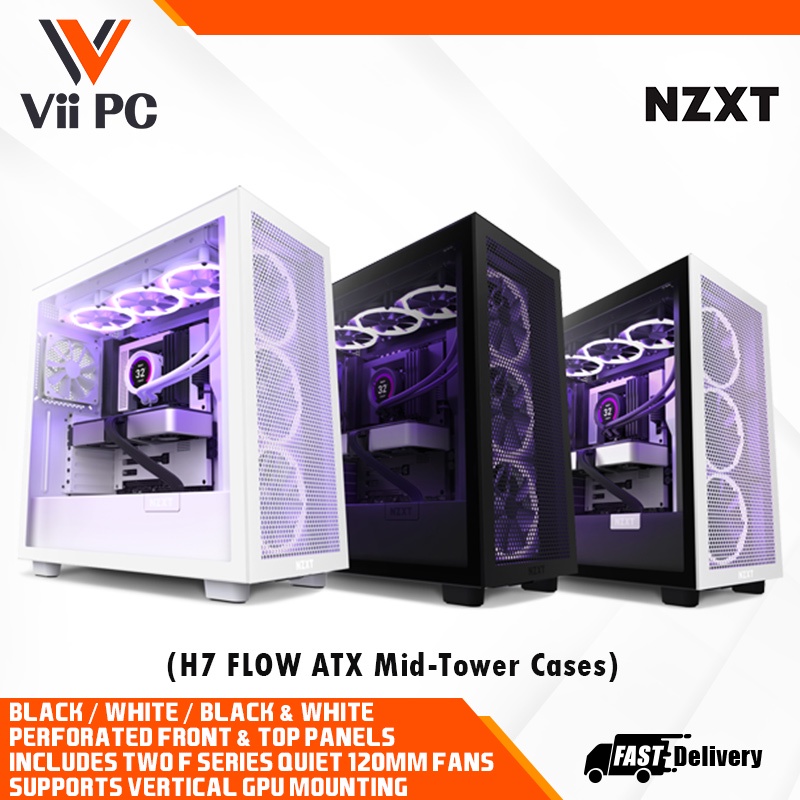 NZXT H7 Series ATX Mid Tower Case, H7, H7 Flow, H7 Elite, With Tempered Glass Window, With pre-installed fan, PC chassis