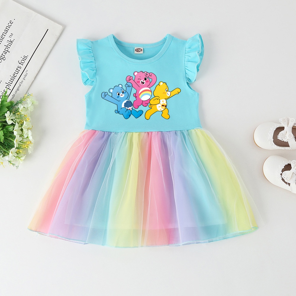 Care Bear Cartoon Print Little Baby Girl Dress Party Princess Casual Care Bears Birthday Kids Clothes