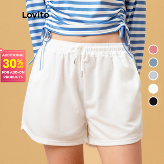 Image of Lovito Casual Solid Drawstring Mid Waist Shorts Pant L00242 (White/Black/Grey/Pink/Blue)
