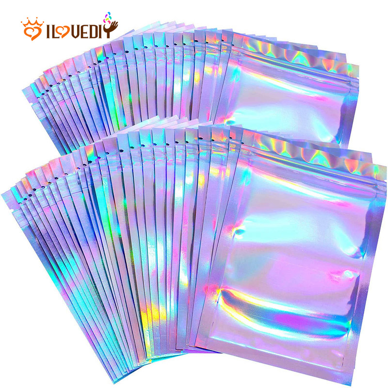 10 Pieces Pack Multifunction Resealable Aluminum Foil Self Sealed Storage Bag Ziplock Smell Proof Bags For Party Favor Food Storage Holographic Laser Color Foil Pouch Jewelry Accessories Cosmetic Gifts Diy Packaging